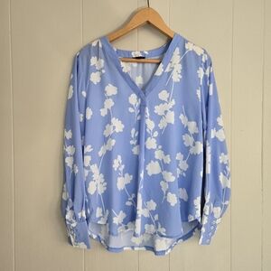 Ann Taylor Floral Flower Print Blouse Top Blue White Lightweight V-neck S